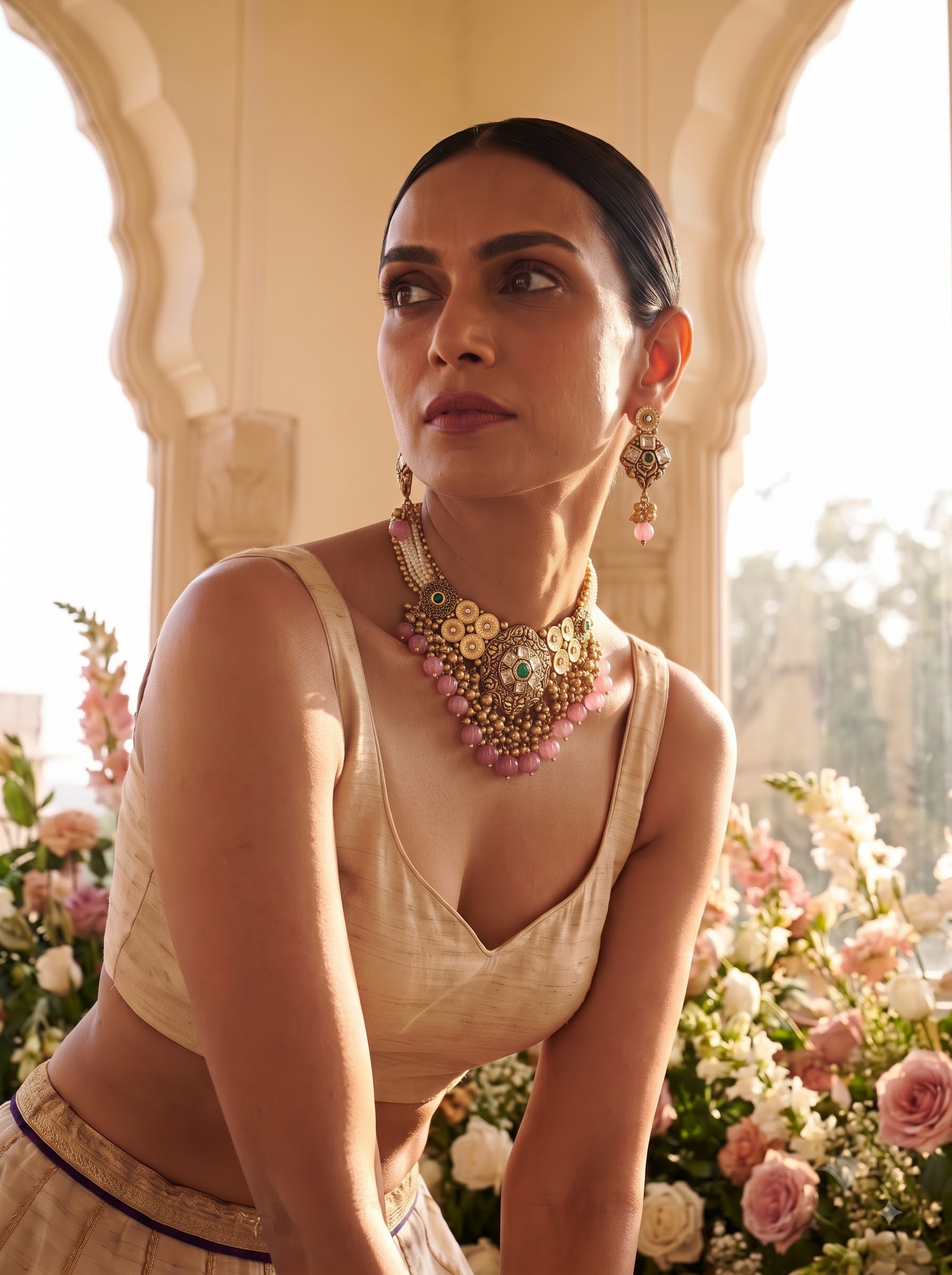 A woman looking over her shoulder wearing an antique gold choker with pink beads and emerald accents, scalloped arch and flowers behind