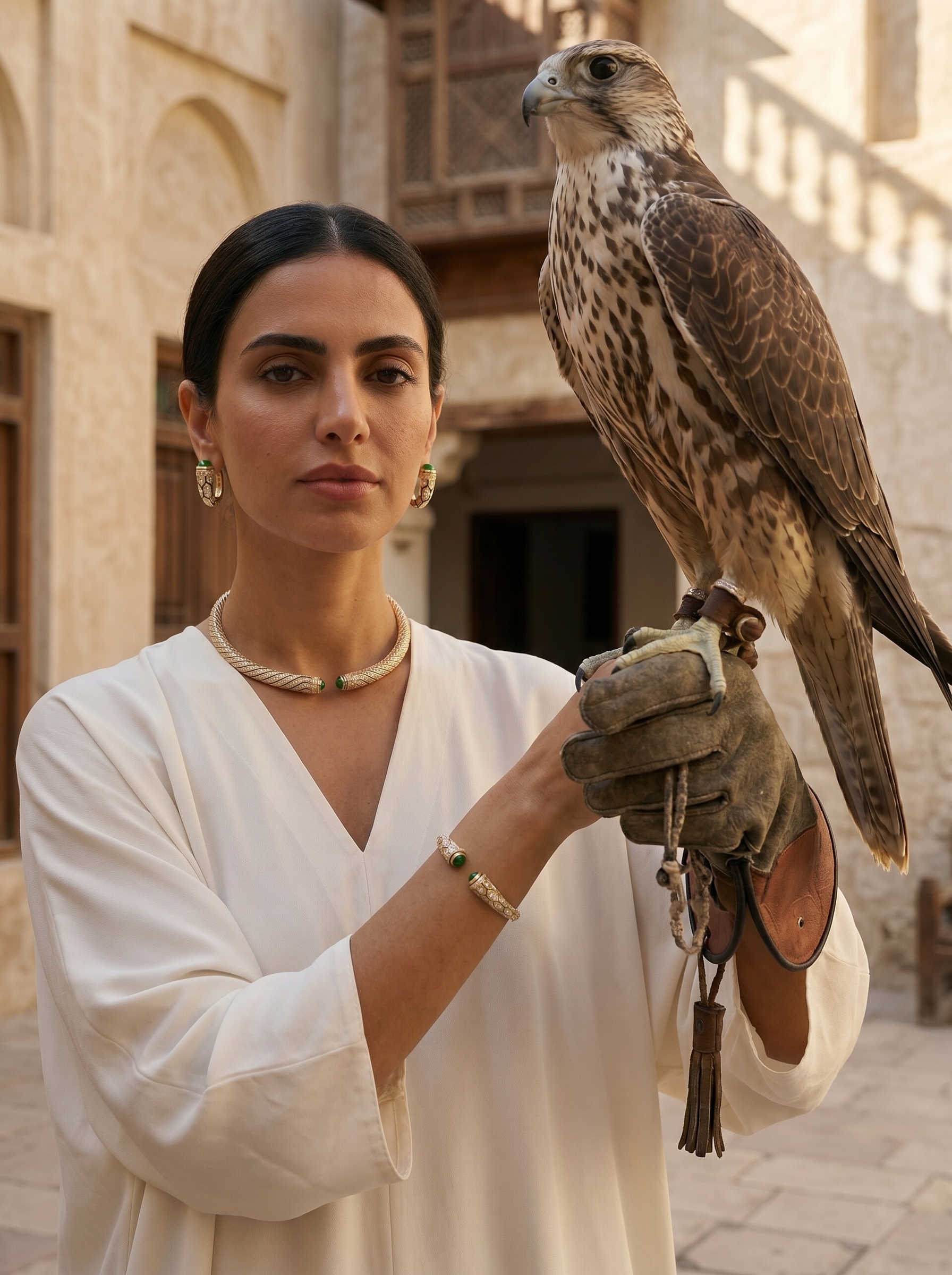 A woman in an ivory kaftan wearing gold and emerald serpent jewellery, a falcon perched on her gloved hand in a sandstone courtyard