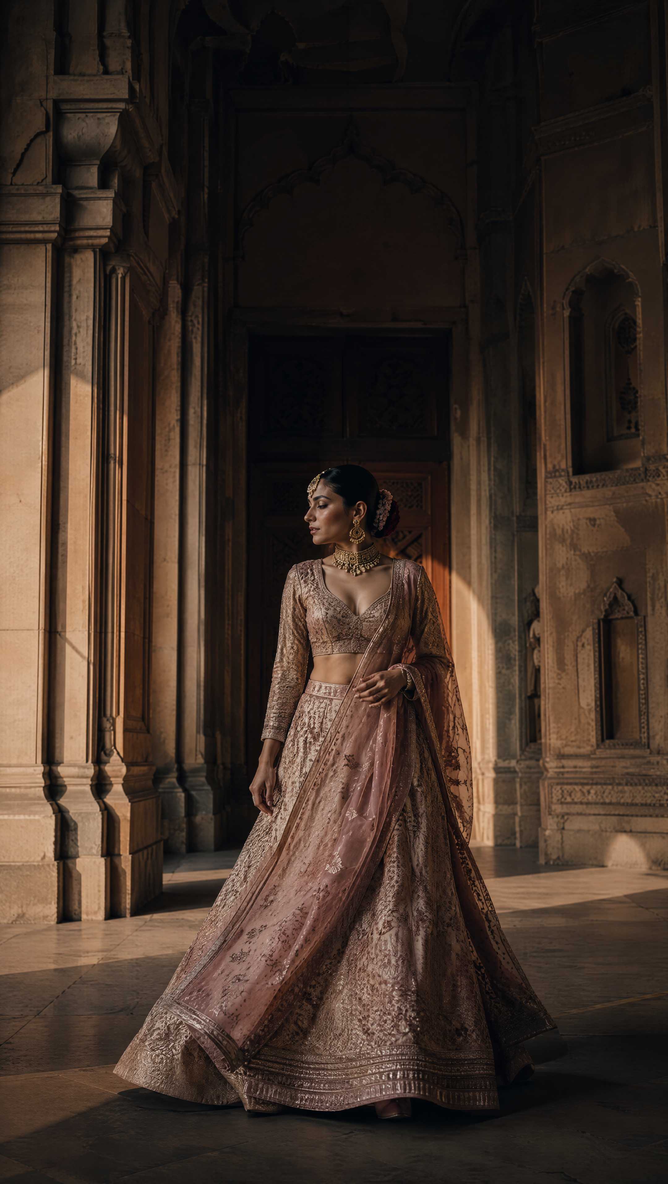 A woman in a flowing blush embroidered lehenga turning in a dark heritage stone corridor lit by shafts of sunlight