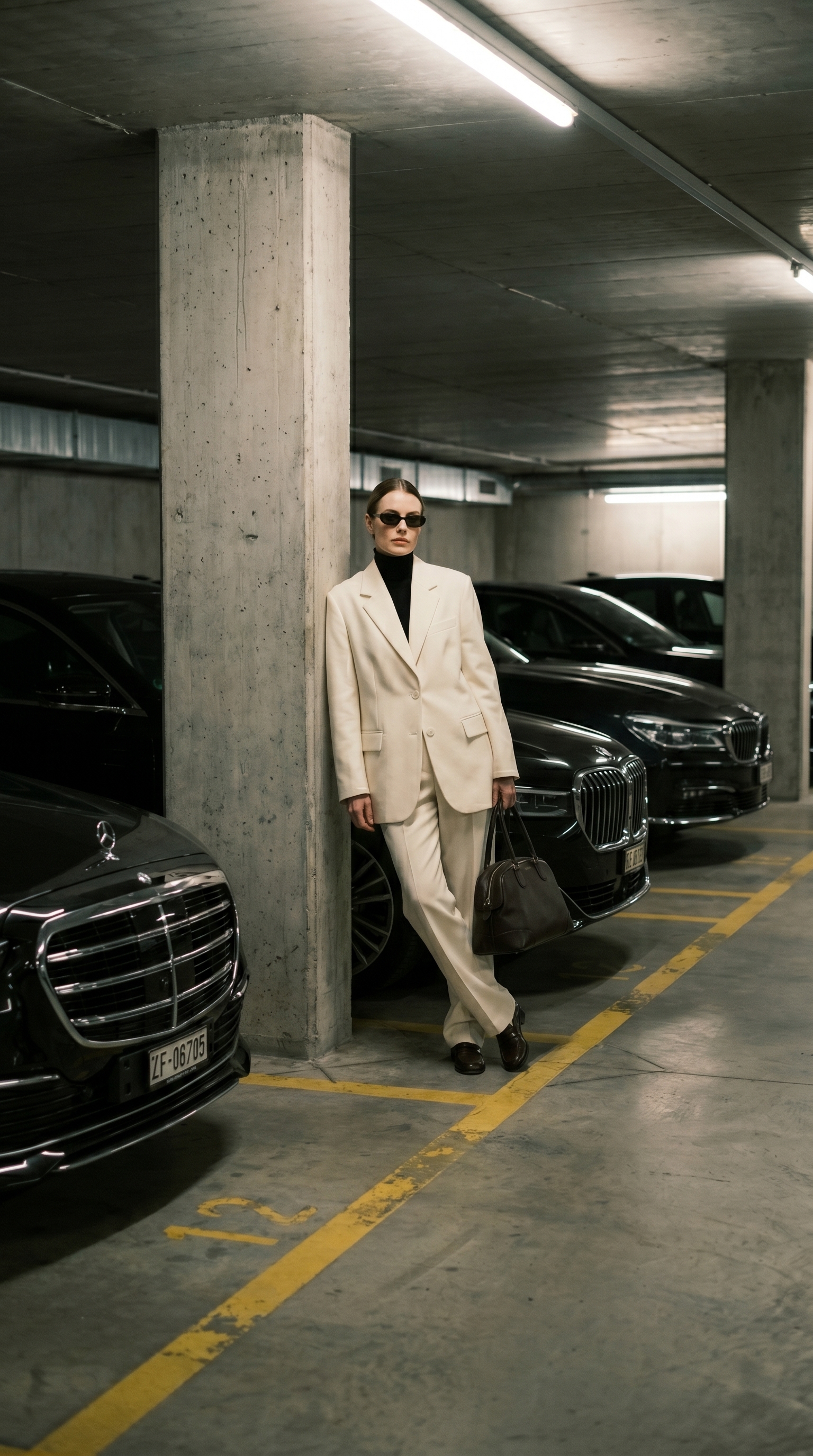 A woman in an ivory suit and black turtleneck leaning against a concrete pillar in an underground car park lined with black saloons