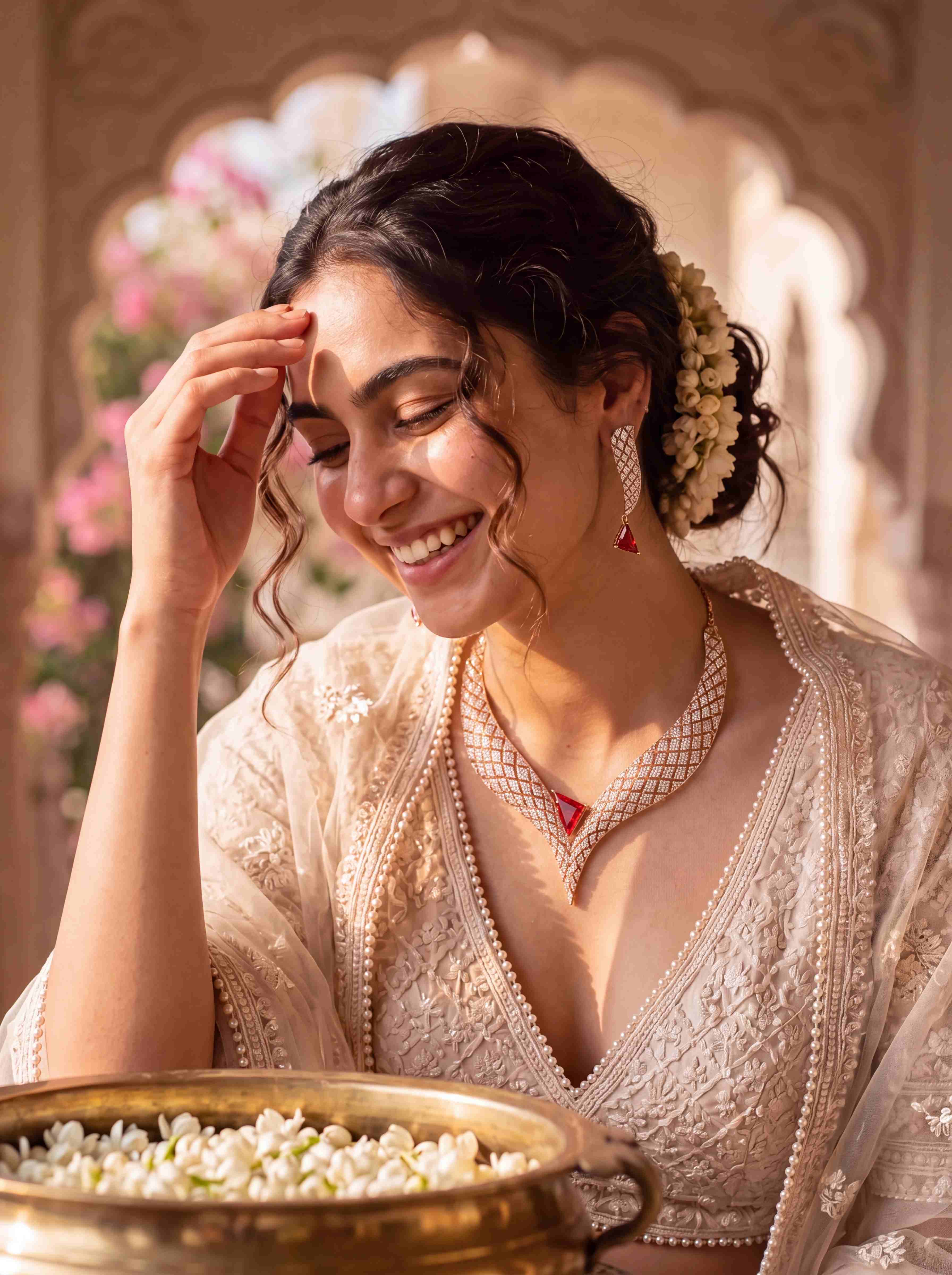 A woman laughing with her hand to her brow, wearing a diamond lattice necklace with a triangular ruby beside a brass urli of jasmine