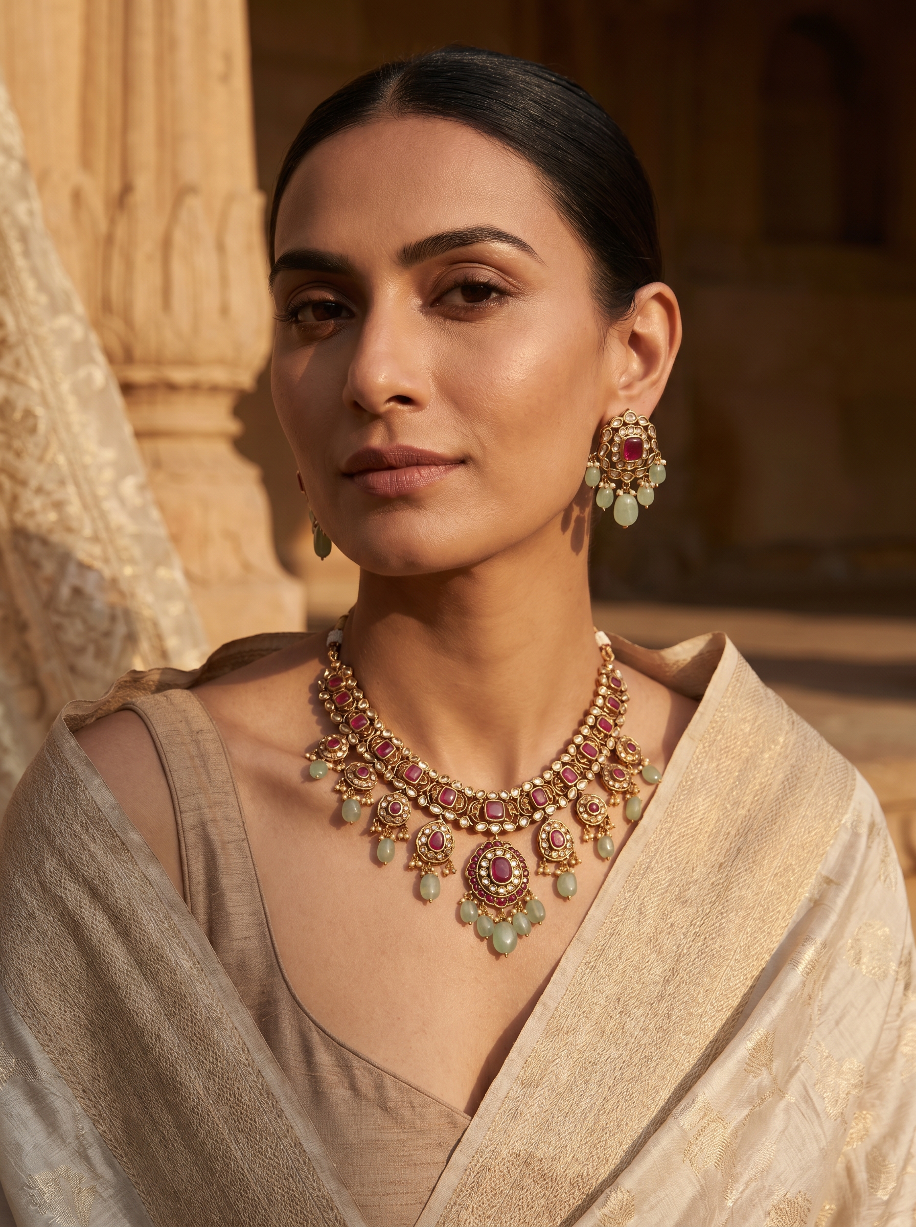 A woman in an ivory silk saree wearing a ruby kundan necklace and earrings with pale jade drops, carved sandstone pillar behind