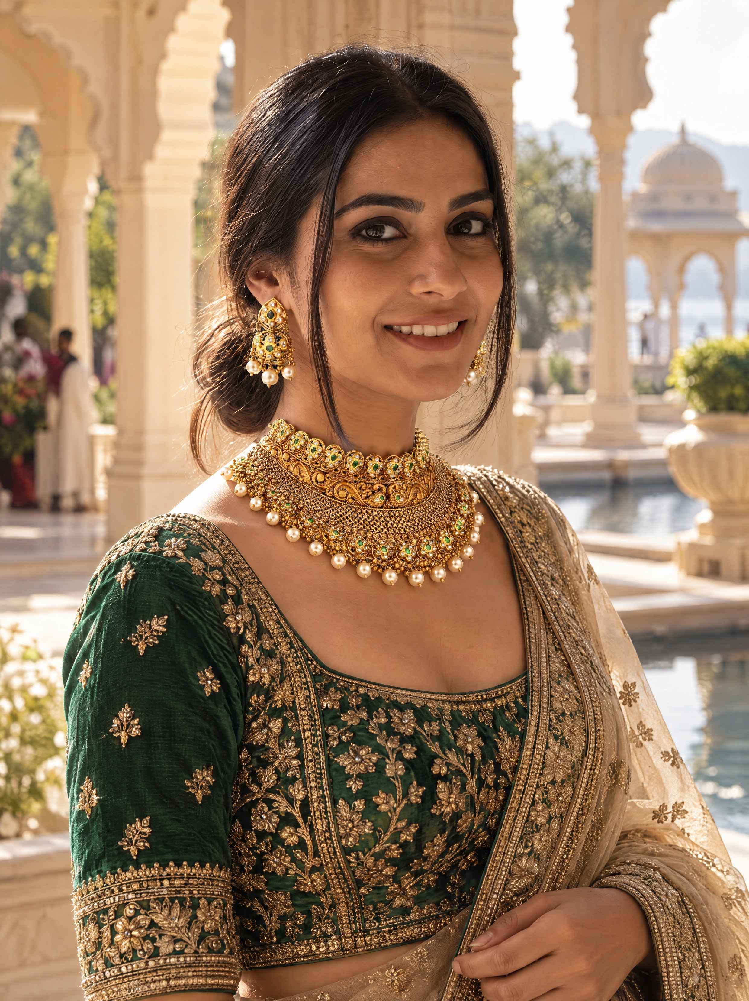 Portrait of a smiling woman in a green velvet blouse wearing a gold kundan choker with pearls, lakeside palace arches behind