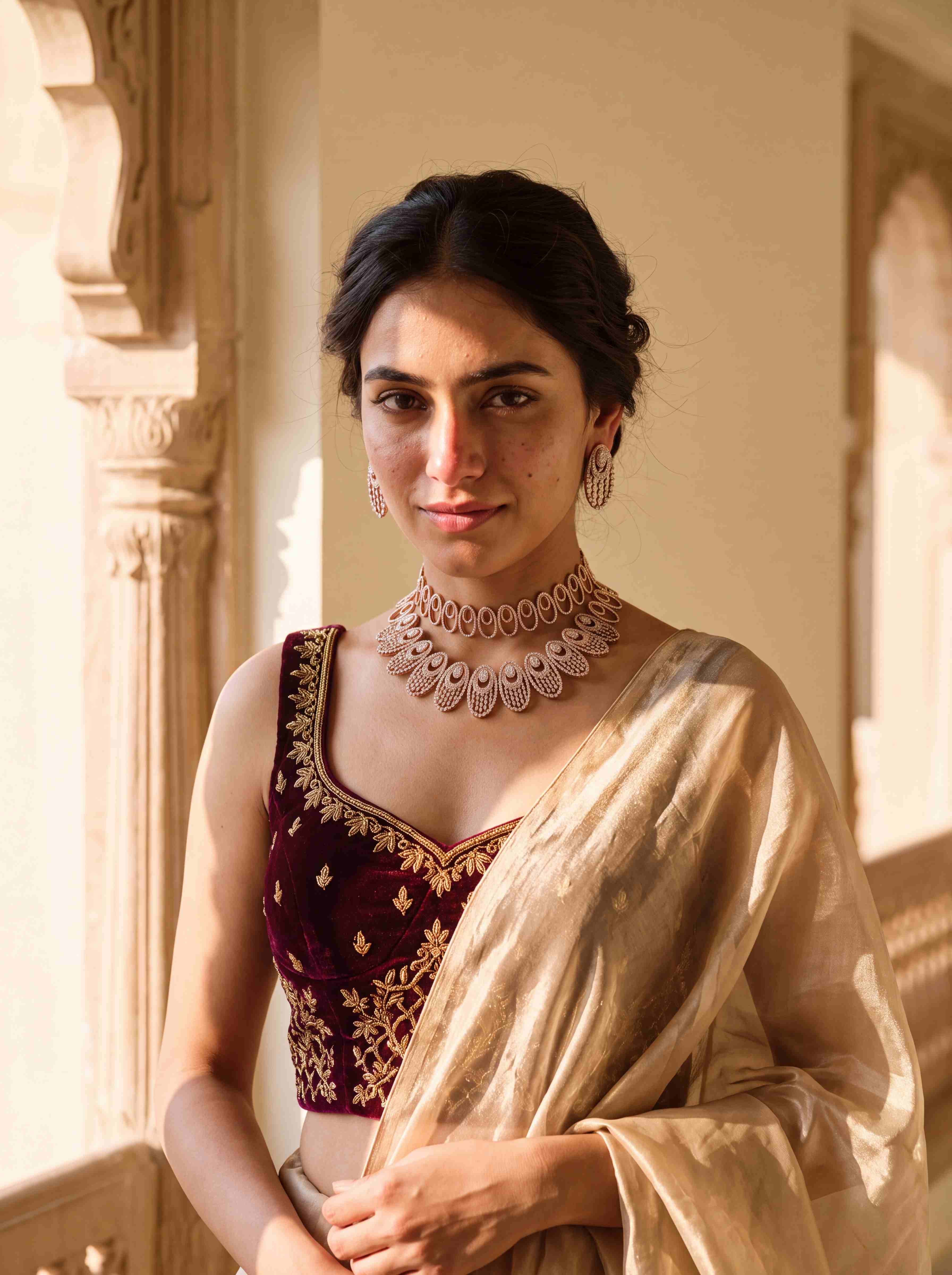 A woman in a maroon velvet blouse and gold tissue drape wearing a tiered rose-gold diamond choker and earrings