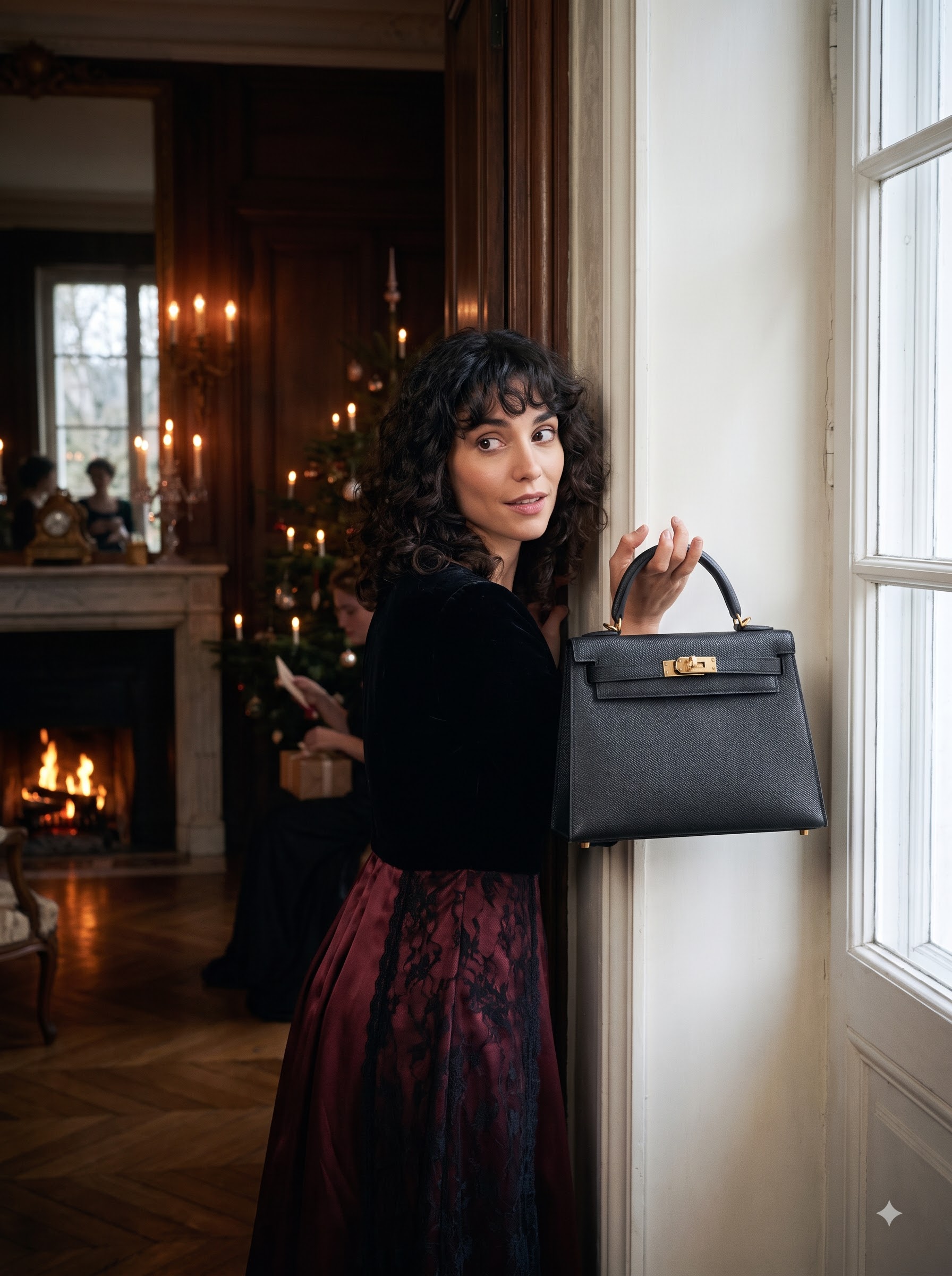 A woman with curly hair in black velvet holding a black leather top-handle bag by a tall window in a candlelit salon