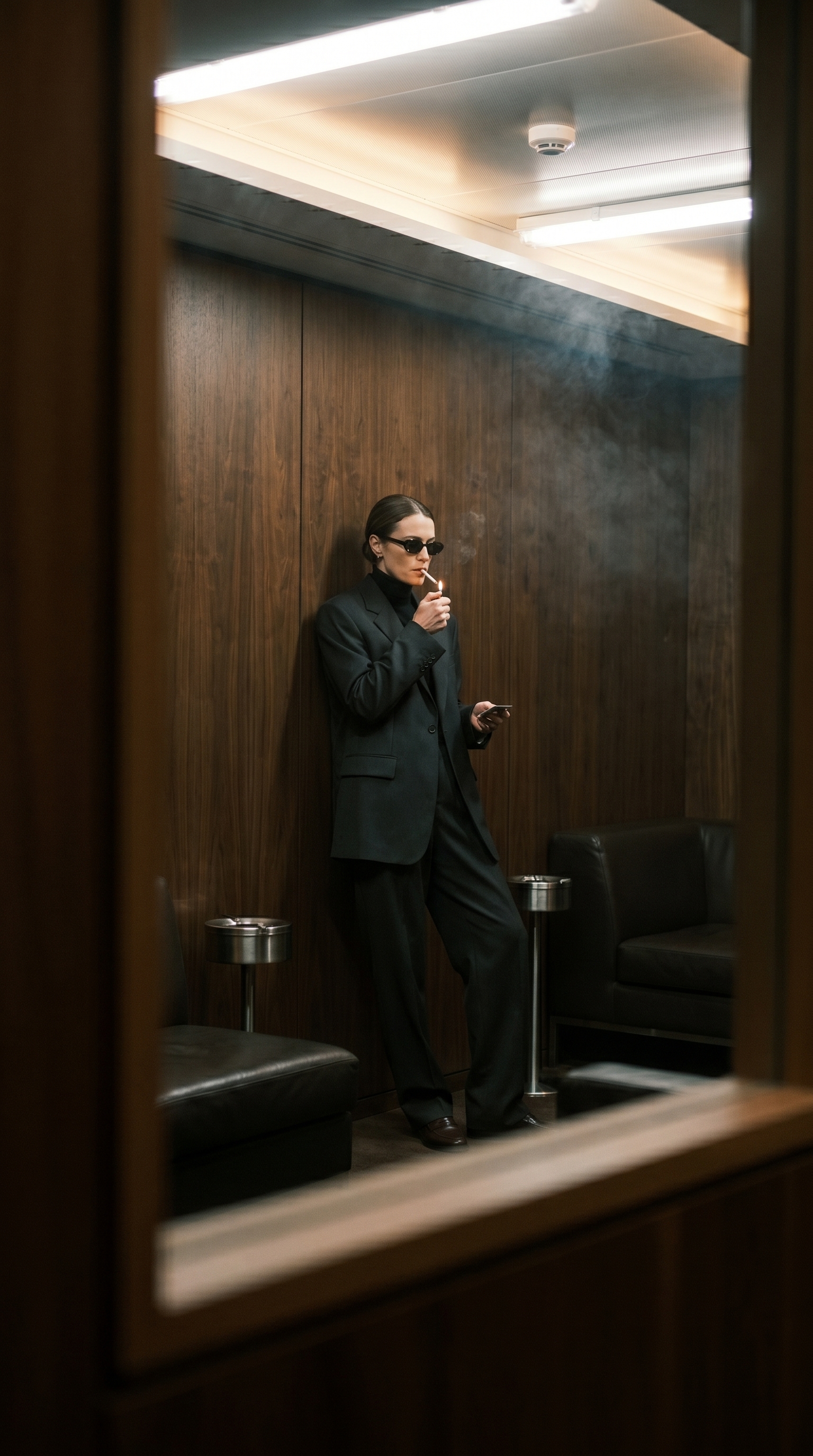 A woman in a black suit and sunglasses lighting a cigarette in a walnut-panelled lounge, seen through a window frame